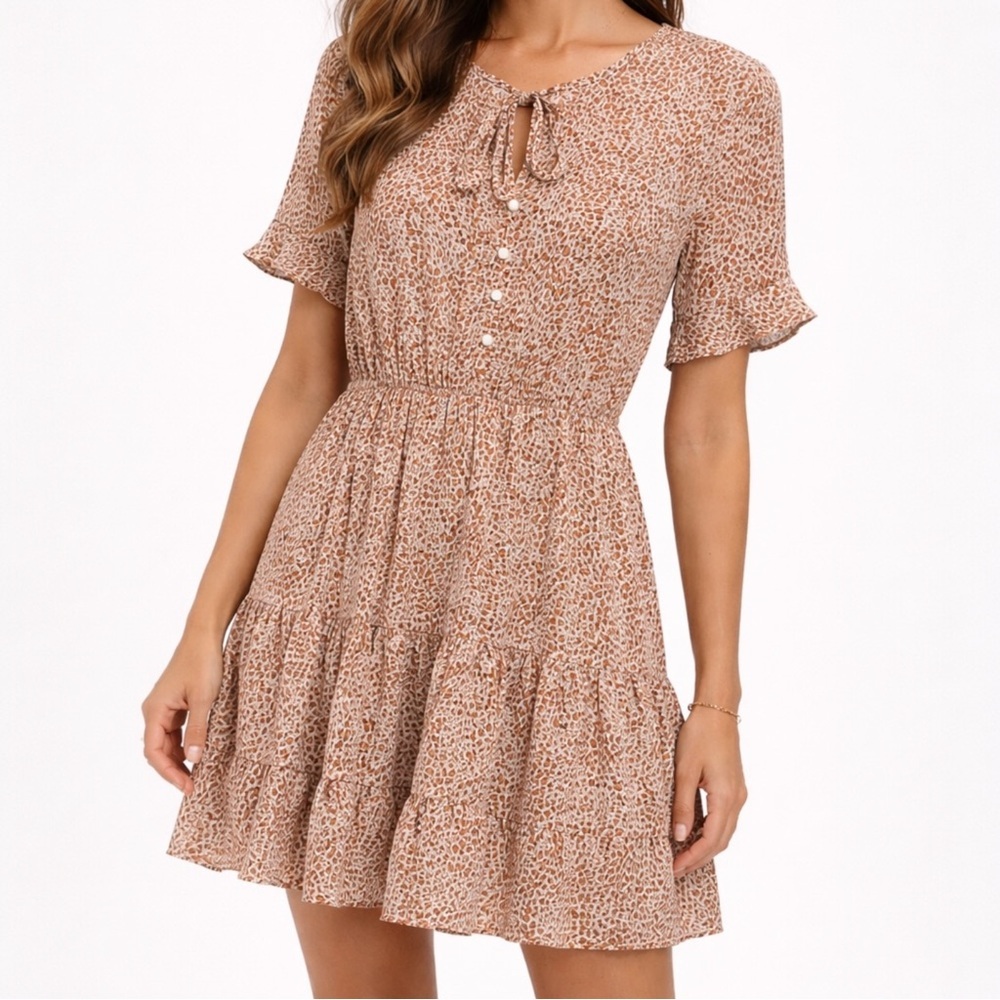 Kirundo Leopard Tan Brown Print Tiered Dress Tie Neck Short Sleeve Size M